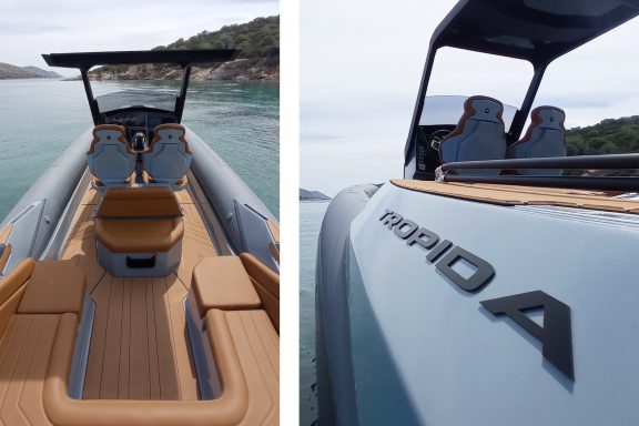 Bateau moderne en vue latérale avec revêtement brun et logo "Coupida".